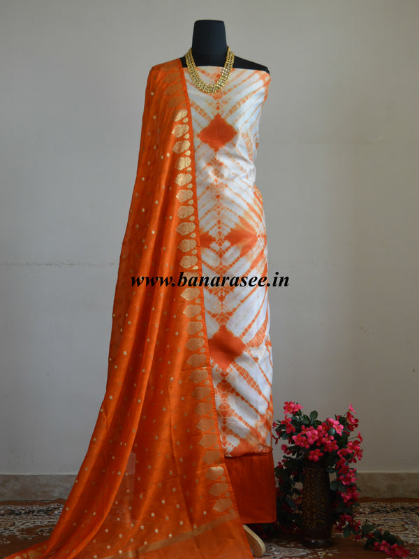 Banarasee Shibori Dyed Chanderi Salwar Kameez Fabric With Art Silk Dupatta-Orange
