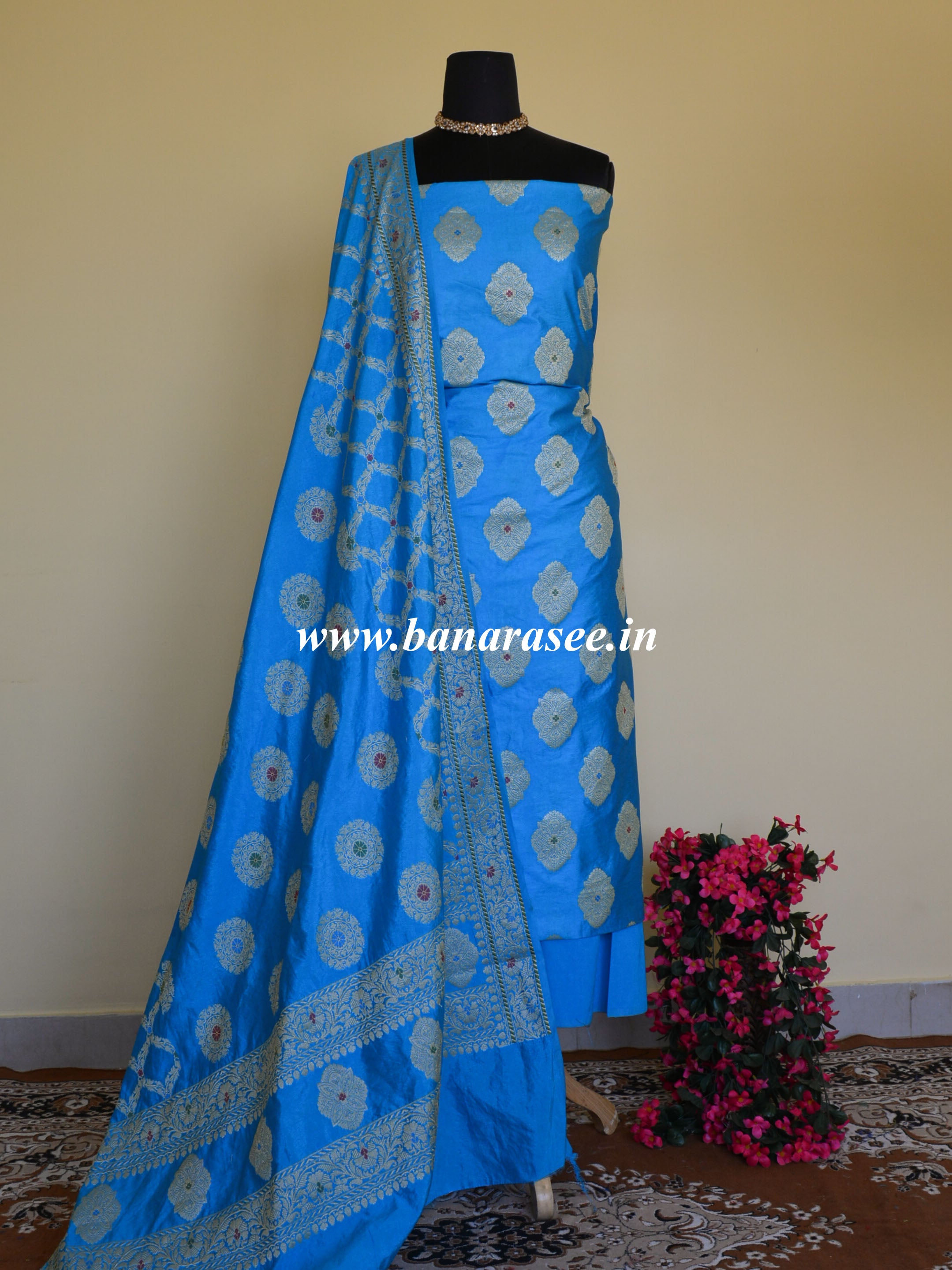 Banarasee Salwar Kameez Glossy Semi Silk Zari & Meena Buta Work Fabric-Turquoise Blue