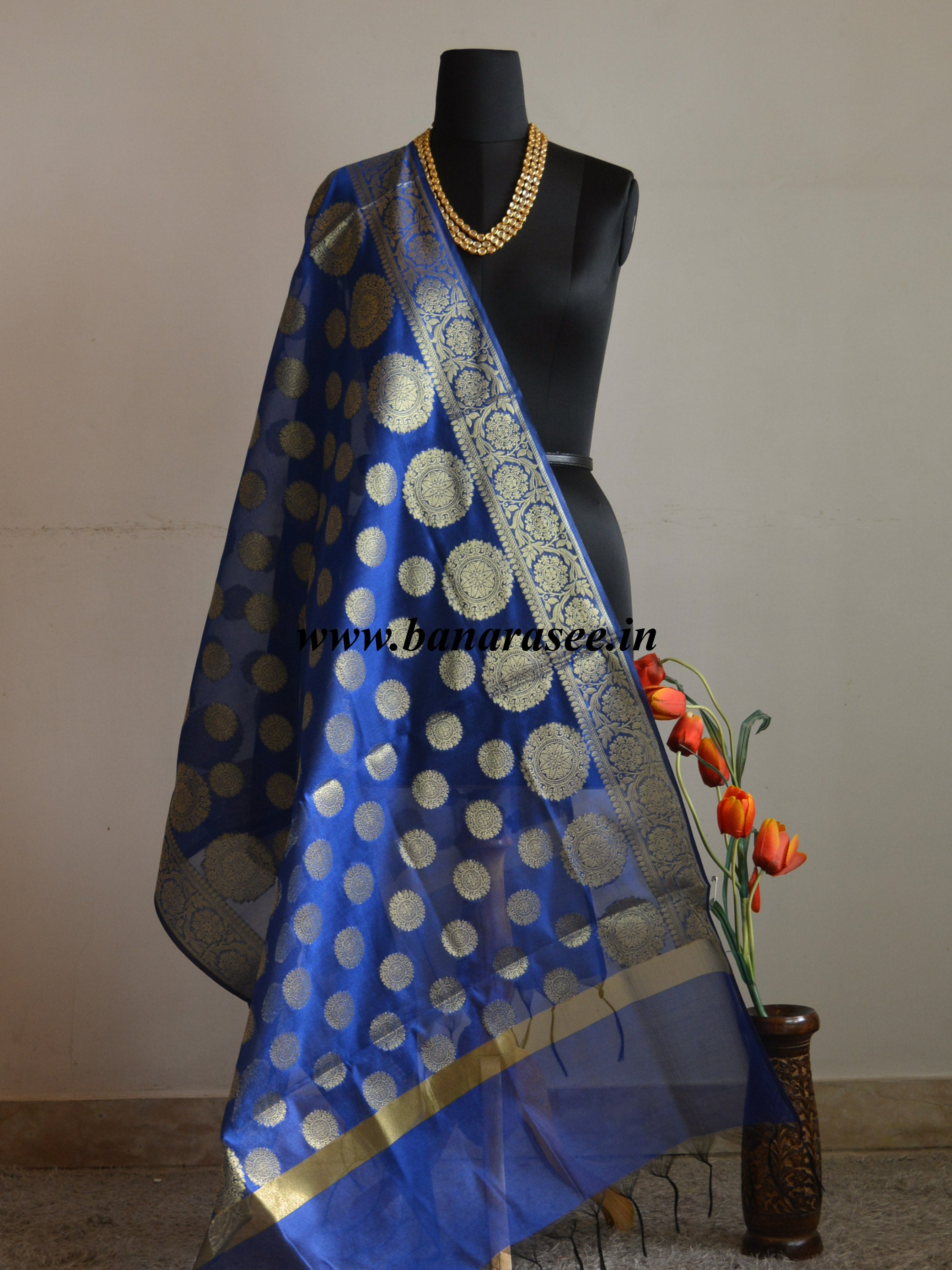 Banarasee Cotton Silk Gold Zari Big Buta Dupatta-Royal Blue