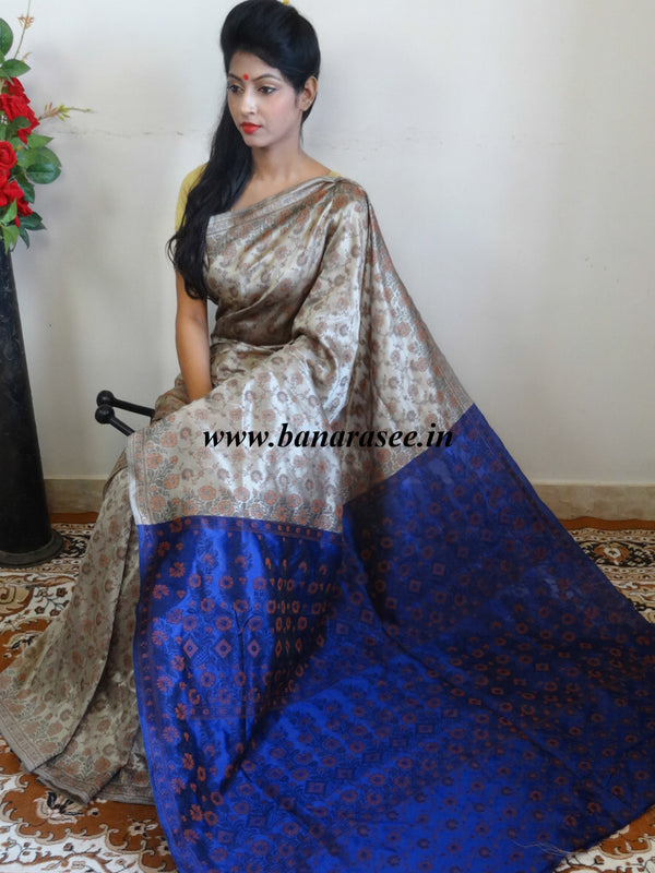 Banarasee Art Silk Saree With Floral Woven Design Contrast Blue Pallu-Beige