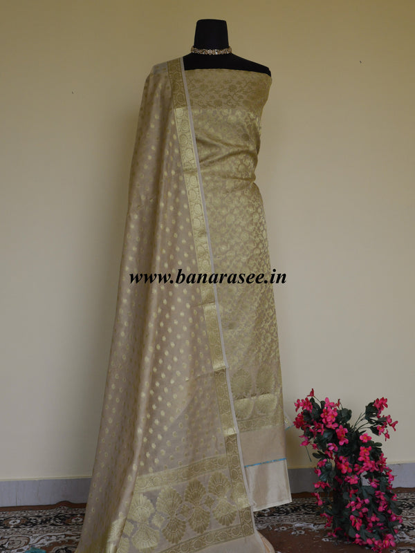 Banarasee Salwar Kameez Cotton Silk Gold Zari Buti Woven Fabric-Beige