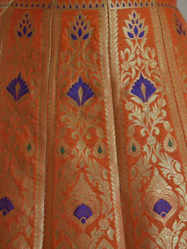 Banarasee Handwoven Art Silk Unstitched Lehenga & Blouse Fabric With Meena Design-Coral