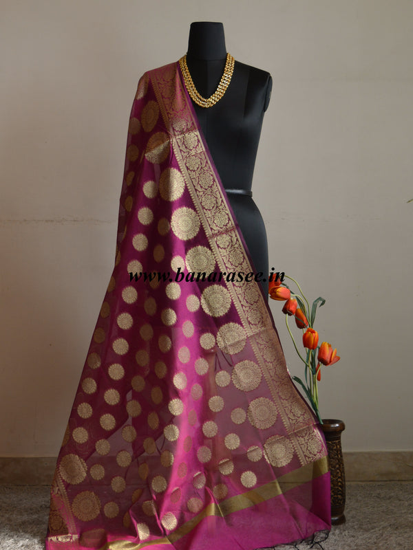 Banarasee Cotton Silk Gold Zari Big Buta Dupatta-Magenta