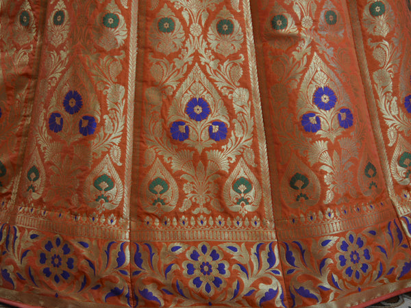 Banarasee Handwoven Art Silk Unstitched Lehenga & Blouse Fabric With Meena Design-Coral
