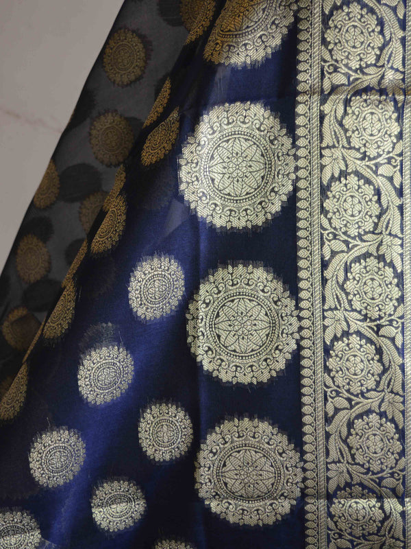 Banarasee Cotton Silk Gold Zari Big Buta Dupatta-Deep Blue