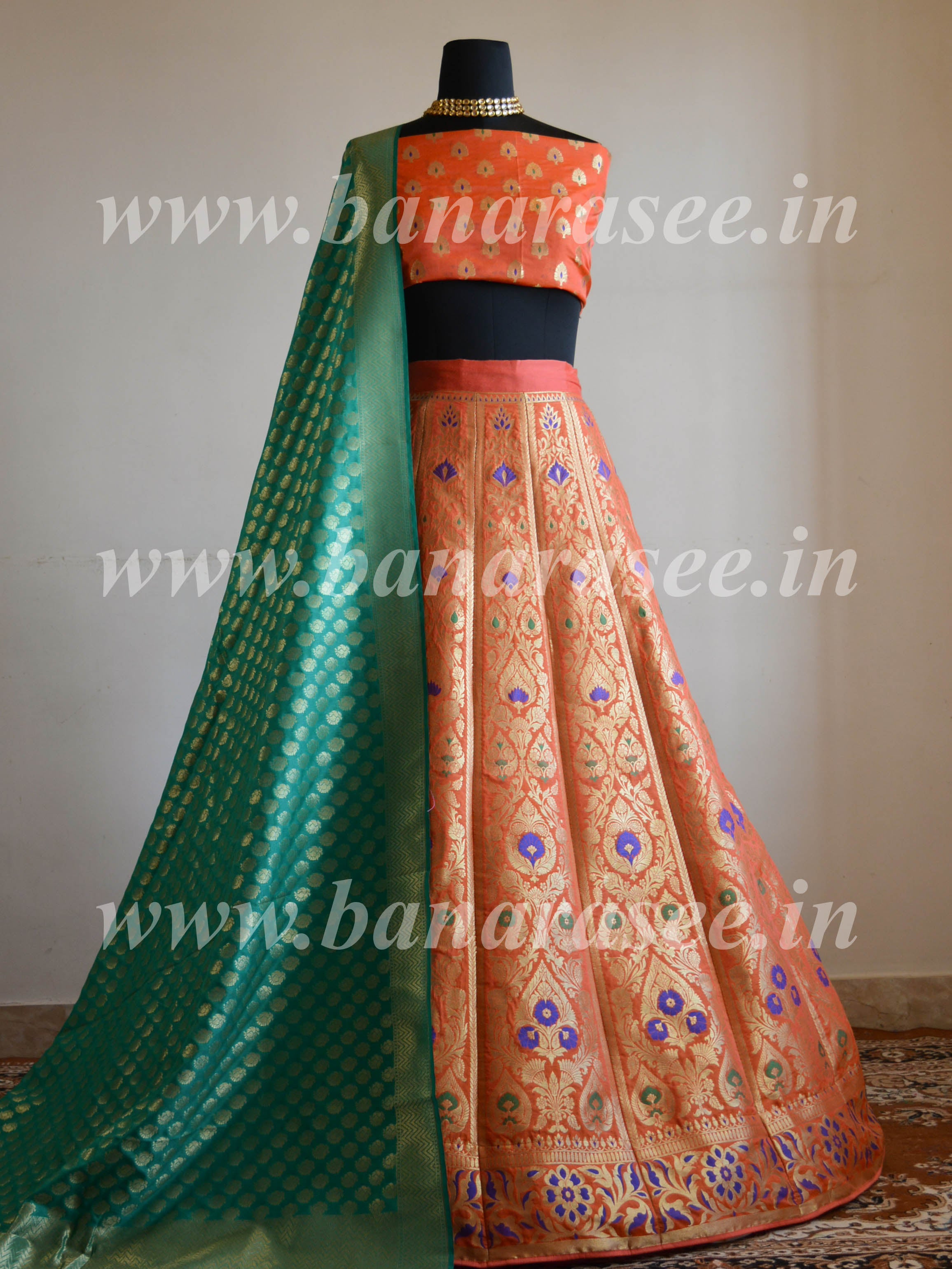 Banarasee Handwoven Art Silk Unstitched Lehenga & Blouse Fabric With Meena Design-Coral