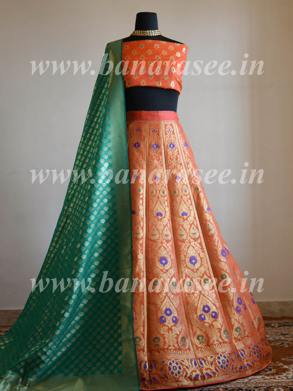 Banarasee Handwoven Art Silk Unstitched Lehenga & Blouse Fabric With Meena Design-Coral