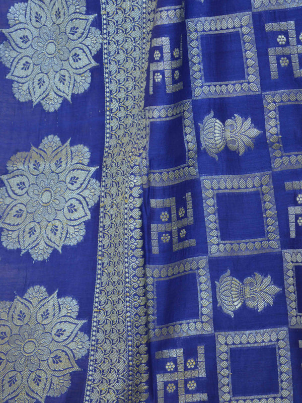 Banarasee Cotton Silk Zari Woven Swastik Design Saree-Blue