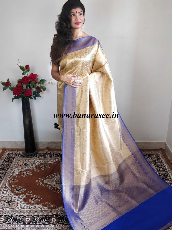 Banarasee Handwoven Art Silk Heavy Zari Jaal Weaving Saree With Royal Blue Pallu & Blouse-Gold