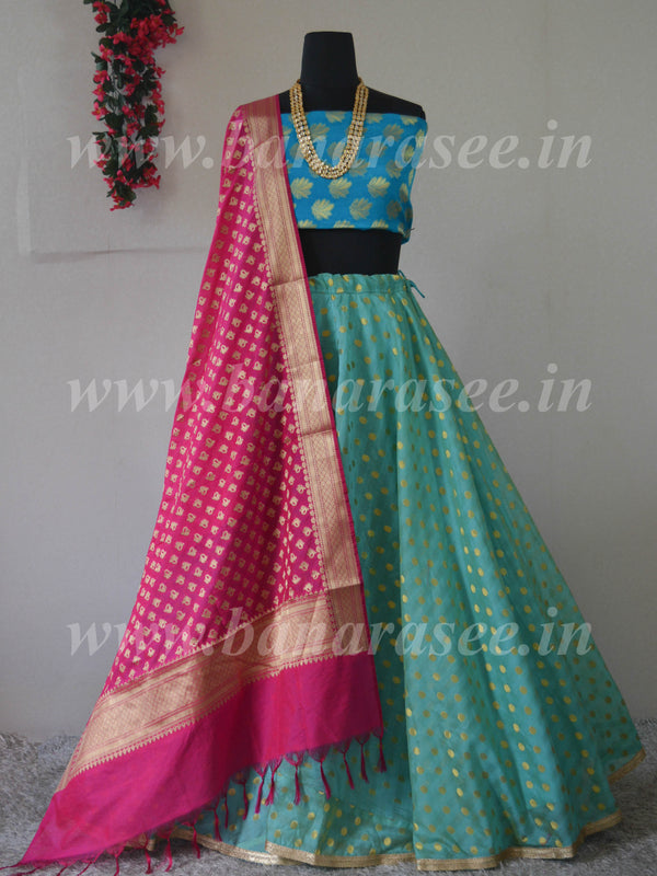 Banarasee Stitched Chanderi  Lehenga & Blouse Fabric With Pink Dupatta-Blue(Dual Tone)