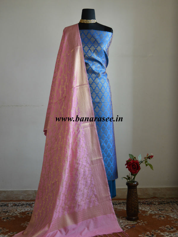 Banarasee Cotton Silk Floral Jaal Salwar Kameez Fabric With Contrast Art Silk Dupatta-Blue