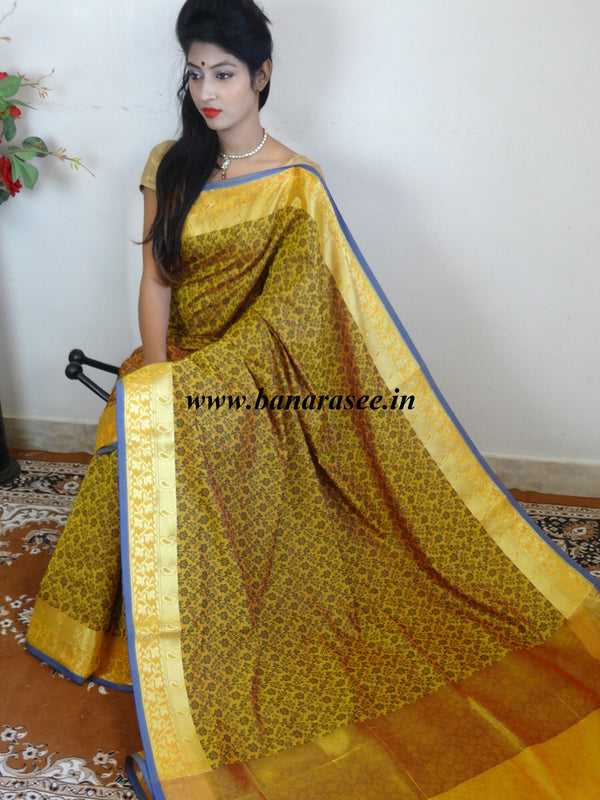Banarasee Cotton Silk Mix Saree with Floral Resham Jaal & Zari Border-Yellow
