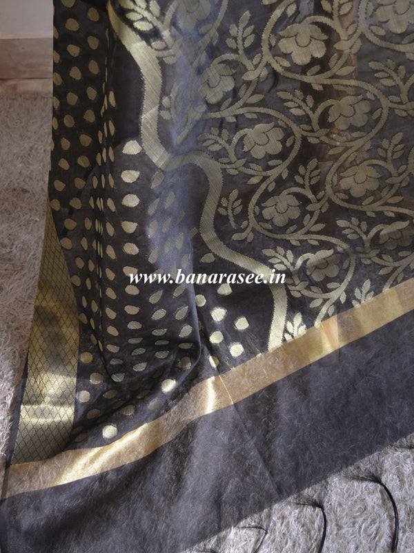 Banarasee Cotton Silk Gold Zari Jaal & Buti Design Dupatta-Black