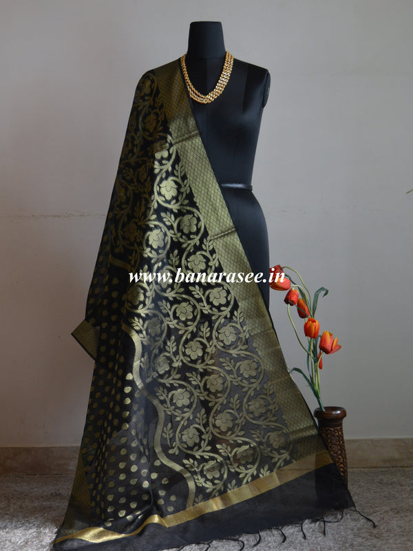 Banarasee Cotton Silk Gold Zari Jaal & Buti Design Dupatta-Black