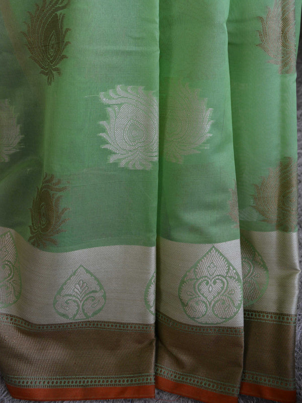 Banarasee Soft Cotton Saree With Peacock Feather Buta & Orange Border-Green