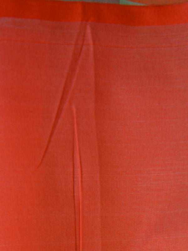 Banarasee Soft Cotton Saree With Peacock Feather Buta & Orange Border-Green