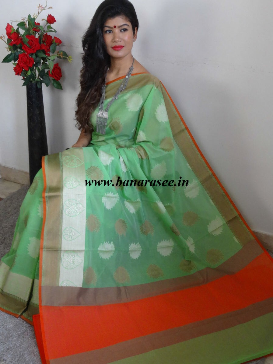 Banarasee Soft Cotton Saree With Peacock Feather Buta & Orange Border-Green