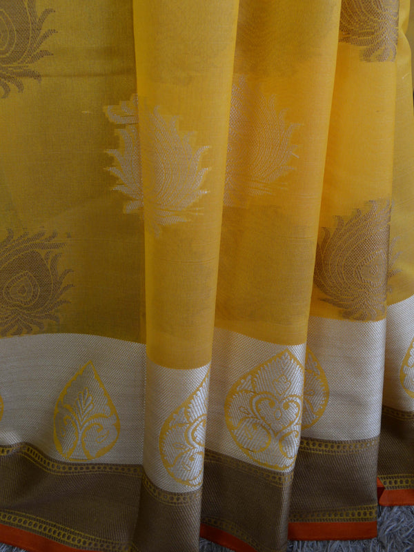 Banarasee Soft Cotton Saree With Peacock Feather Buta & Orange Border-Yellow