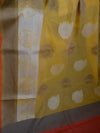 Banarasee Soft Cotton Saree With Peacock Feather Buta & Orange Border-Yellow