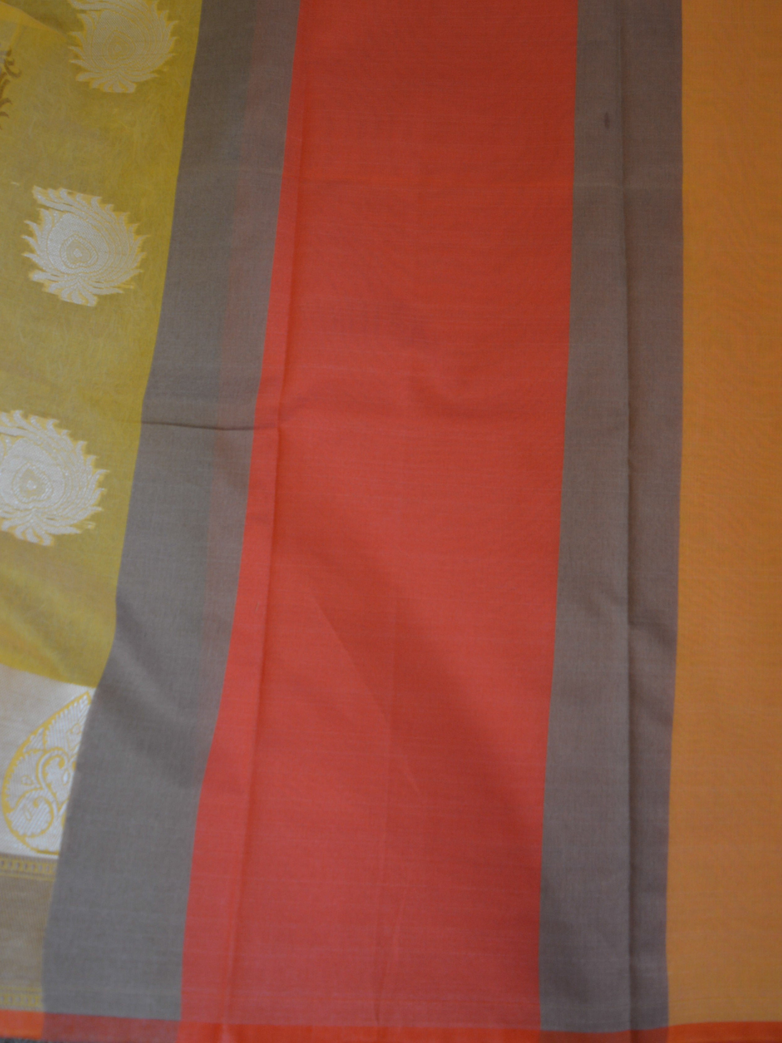 Banarasee Soft Cotton Saree With Peacock Feather Buta & Orange Border-Yellow