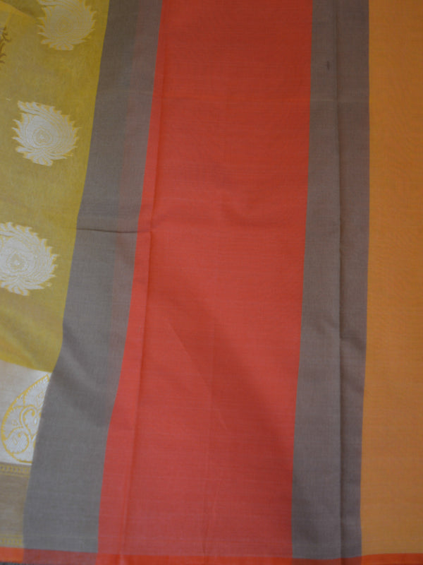 Banarasee Soft Cotton Saree With Peacock Feather Buta & Orange Border-Yellow