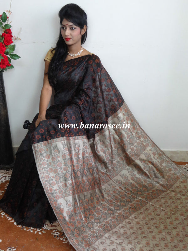 Banarasee Art Silk Saree With Floral Woven Design Contrast Pallu-Black