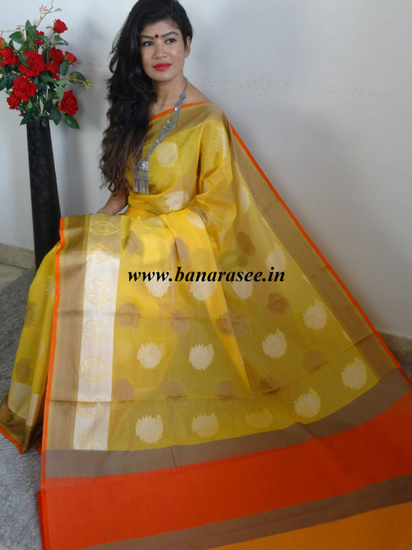 Banarasee Soft Cotton Saree With Peacock Feather Buta & Orange Border-Yellow