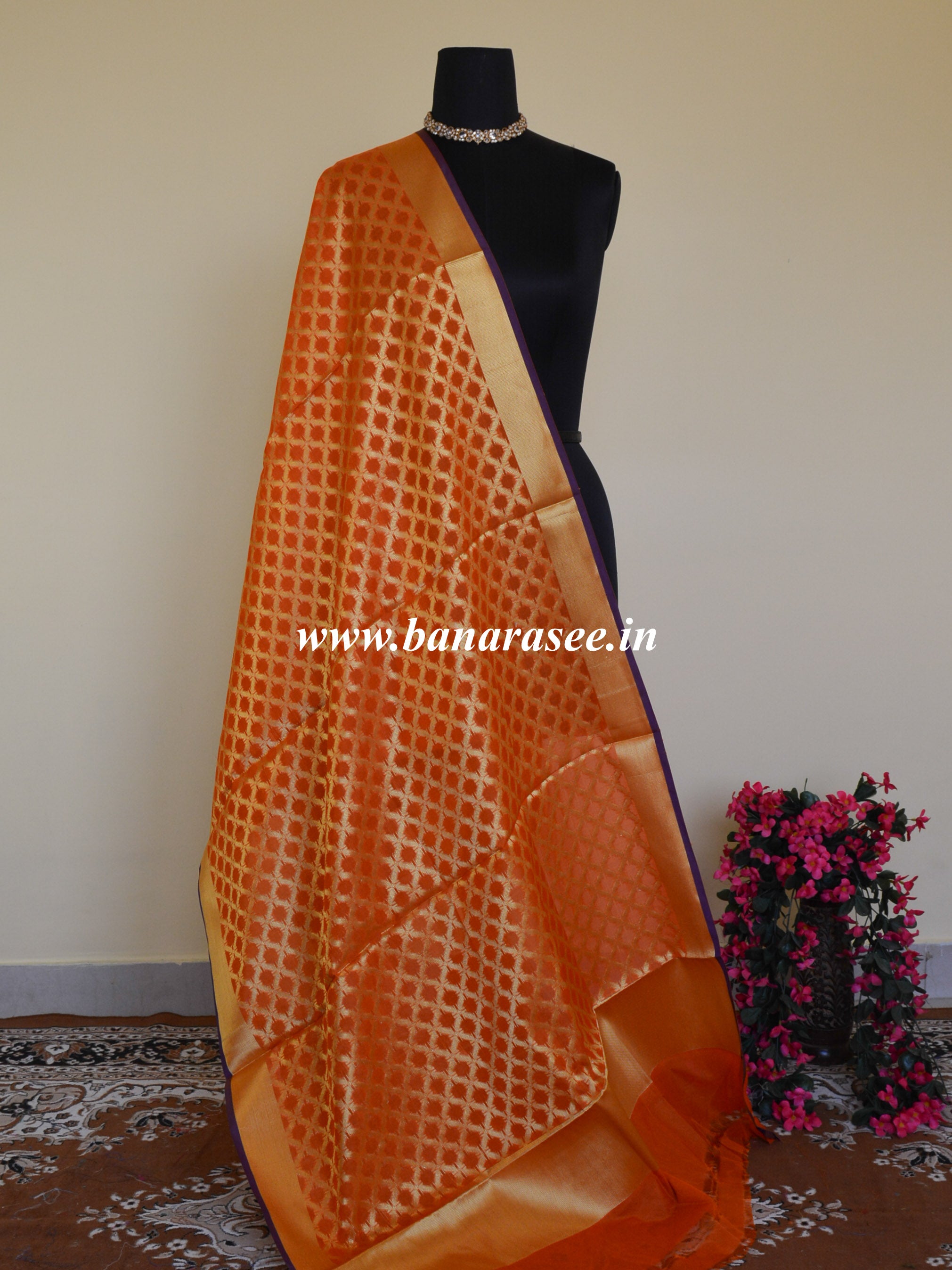 Banarasee Art Silk Dupatta Jaal Design-Orange