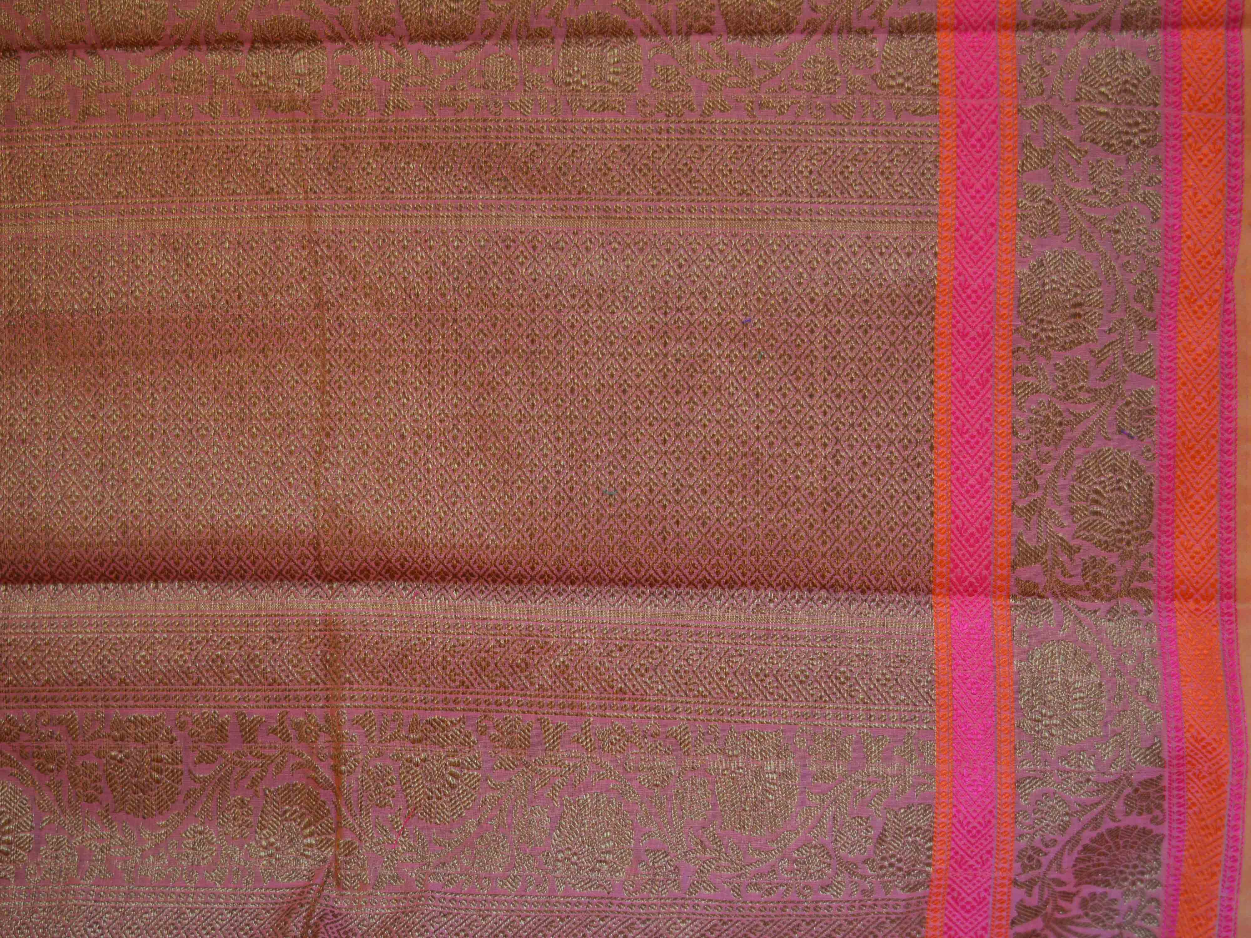 Cotton Silk Saree With Antique Zari Peacock Motif & Floral Border-Pink