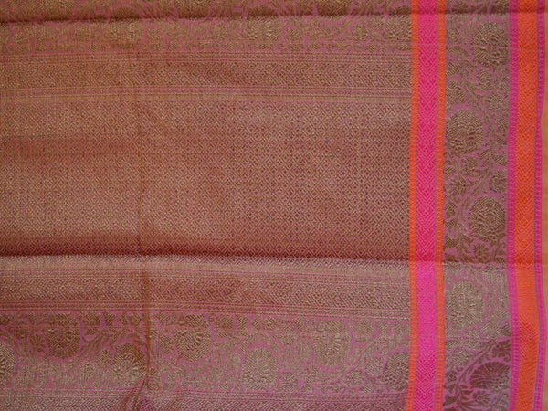 Cotton Silk Saree With Antique Zari Peacock Motif & Floral Border-Pink