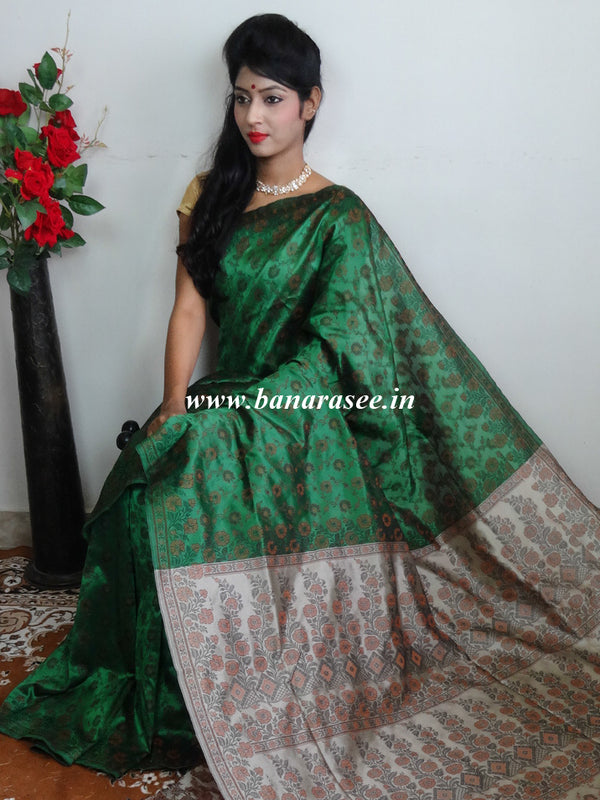 Banarasee Art Silk Saree With Floral Woven Design Contrast Pallu-Green