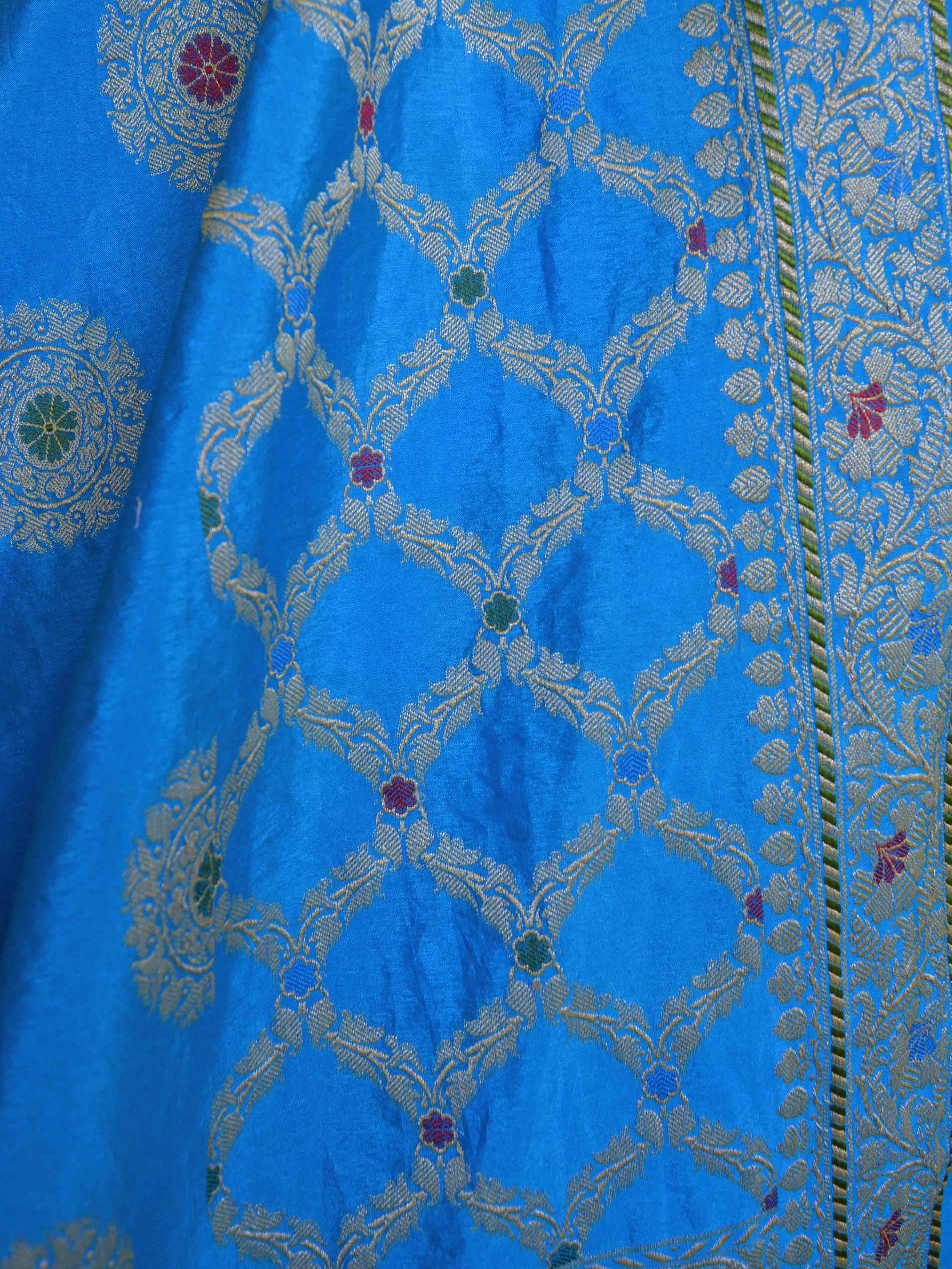 Banarasee Salwar Kameez Glossy Semi Silk Zari & Meena Buta Work Fabric-Turquoise Blue