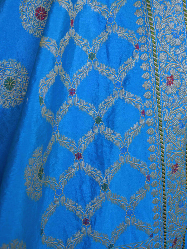 Banarasee Salwar Kameez Glossy Semi Silk Zari & Meena Buta Work Fabric-Turquoise Blue
