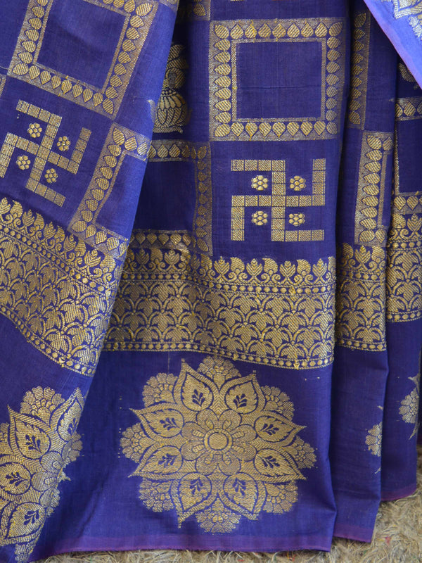 Banarasee Cotton Silk Zari Woven Swastik Design Saree-Blue