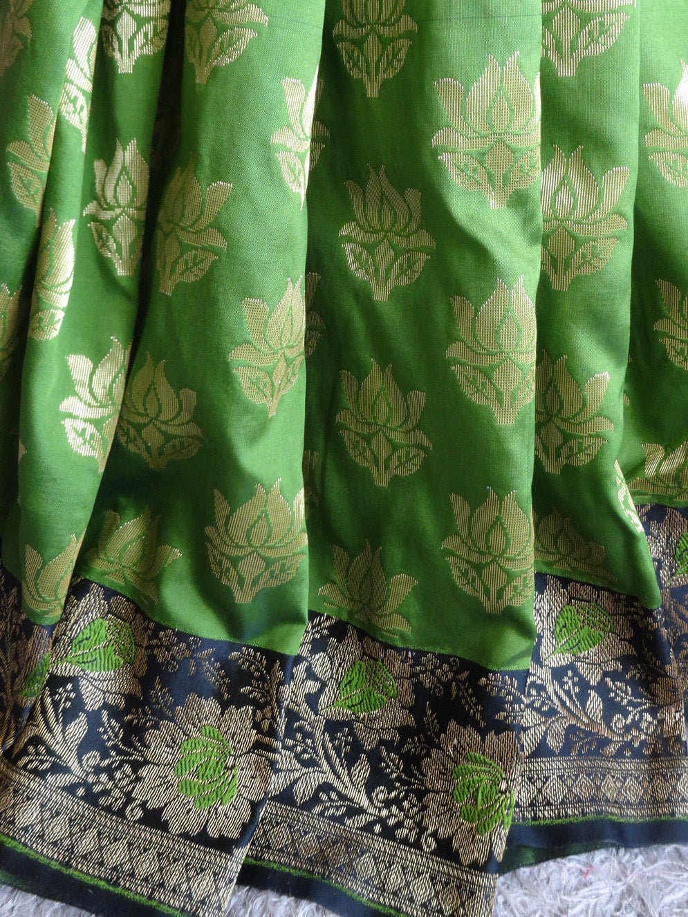 Banarasee Art Silk Sari With Black Floral Border-Green