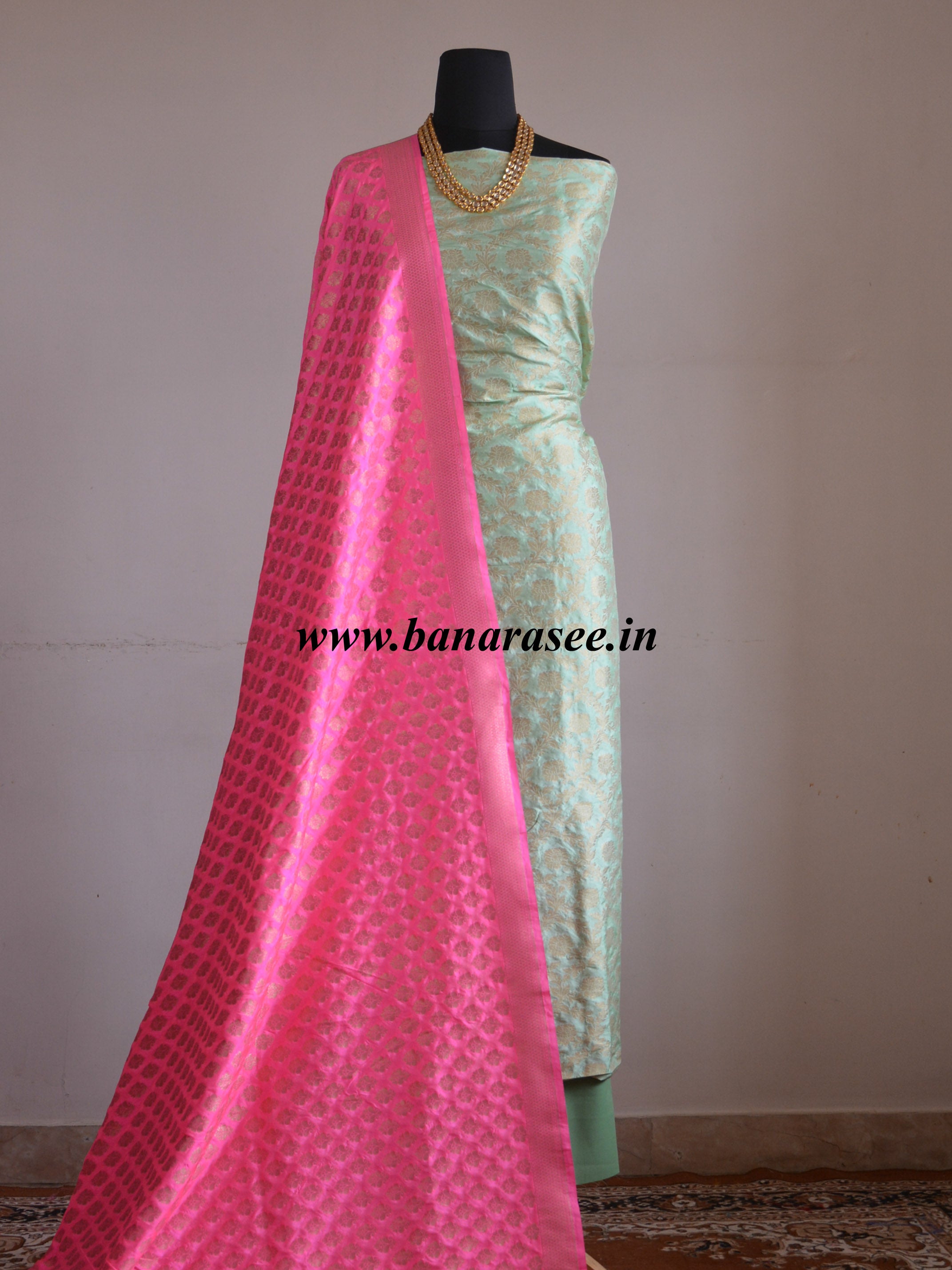 Banarasee Salwar Kameez Semi Silk Zari Jaal Work Fabric & Neon Pink Dupatta-Pastel Green