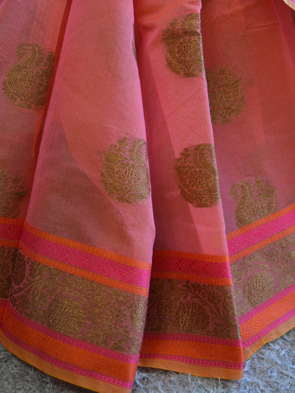 Cotton Silk Saree With Antique Zari Peacock Motif & Floral Border-Pink