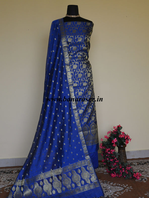 Banarasee Salwar Kameez Cotton Silk Gold Zari Jaal Woven Fabric-Royal Blue