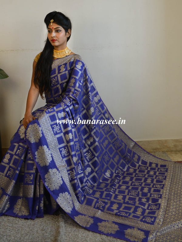 Banarasee Cotton Silk Zari Woven Swastik Design Saree-Blue