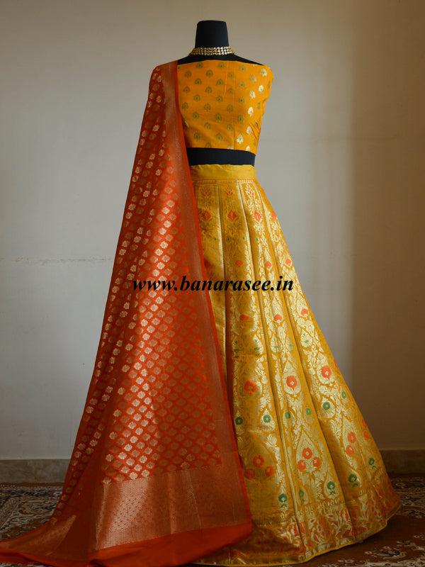 Banarasee Handwoven Art Silk Unstitched Lehenga & Blouse Fabric With Meena Design-Yellow