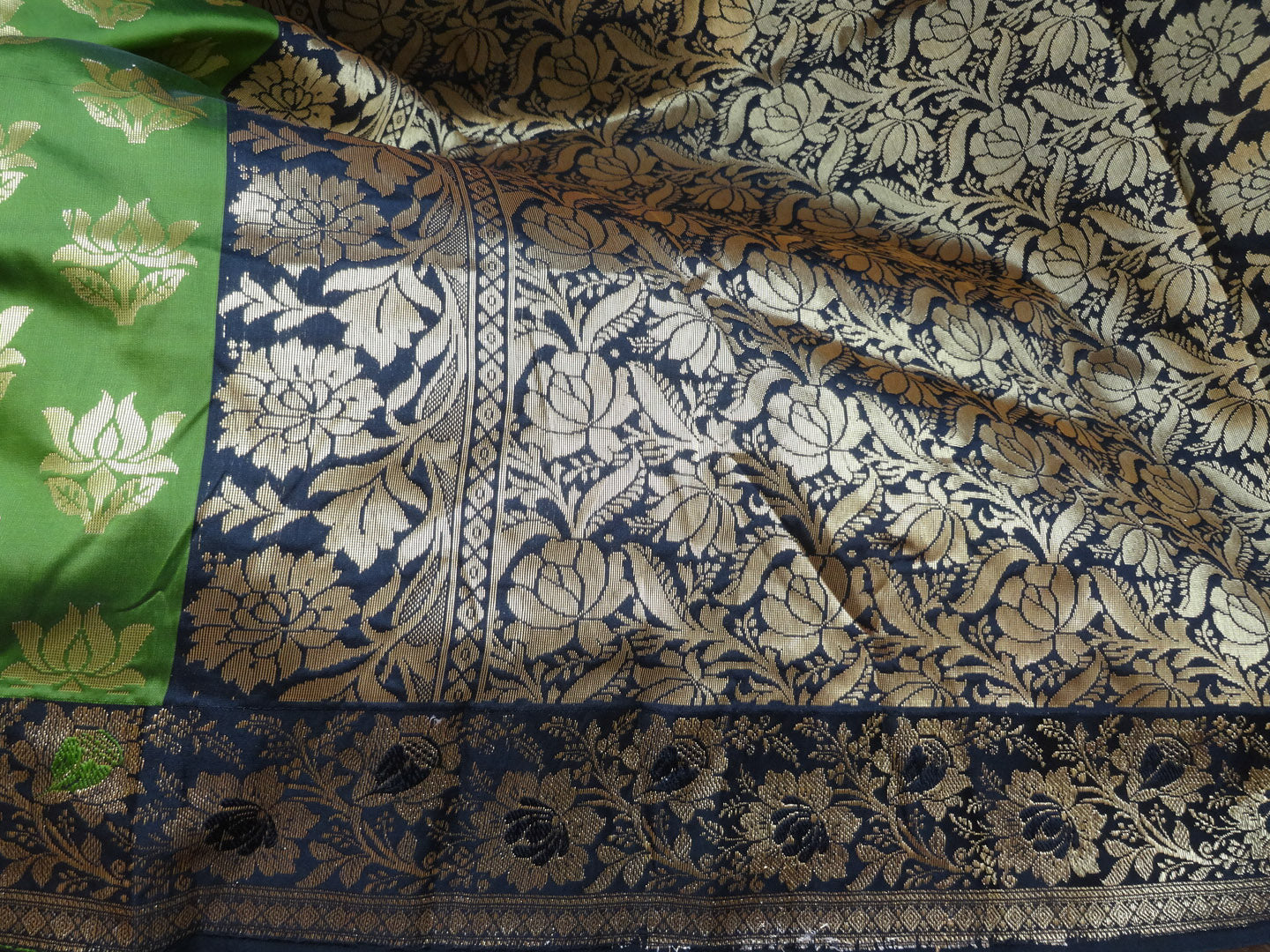 Banarasee Art Silk Sari With Black Floral Border-Green