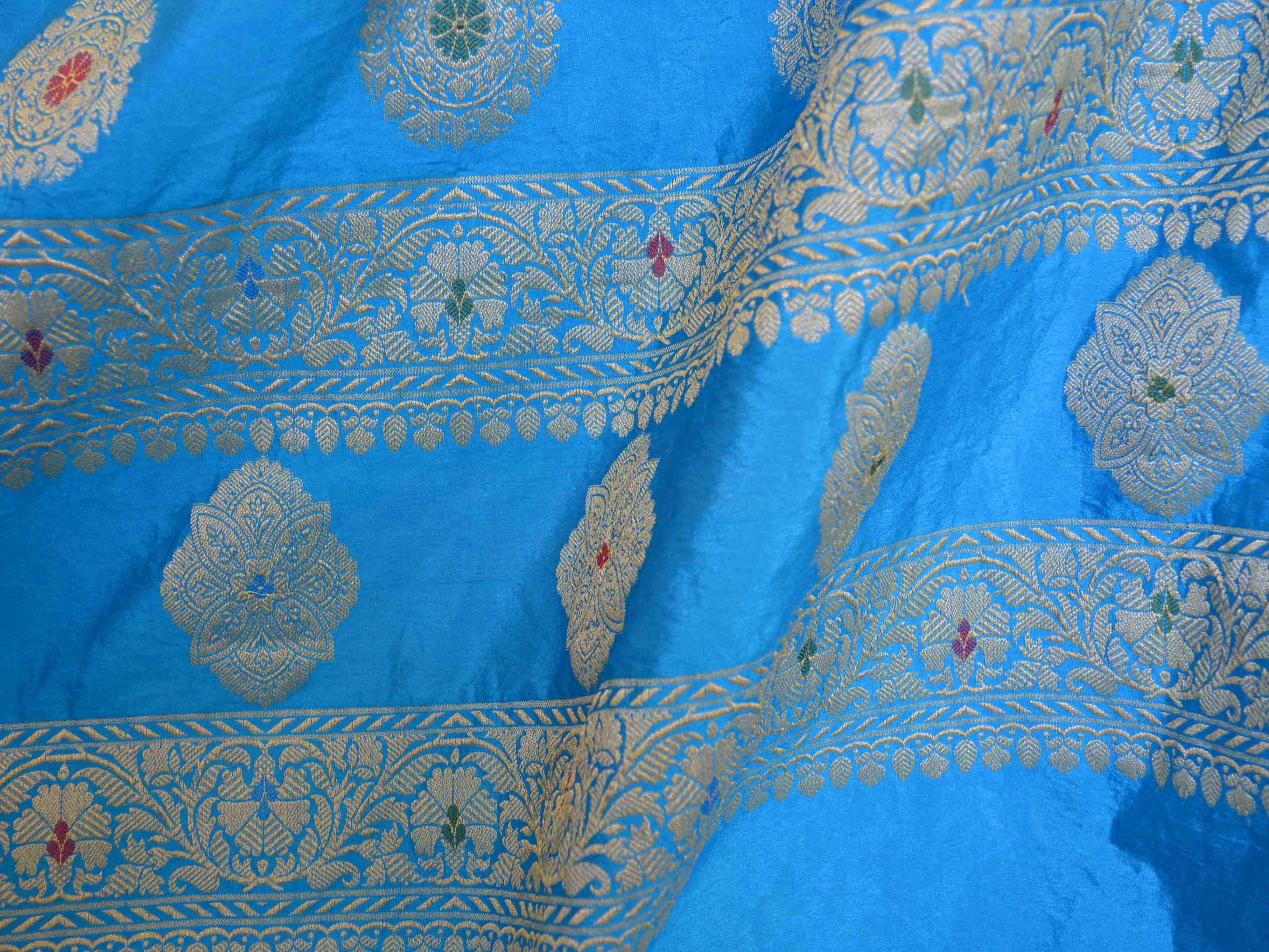 Banarasee Salwar Kameez Glossy Semi Silk Zari & Meena Buta Work Fabric-Turquoise Blue