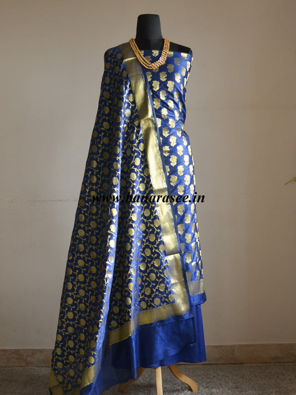 Banarasee Semi Silk Salwar Kameez Fabric With Zari Jaal Dupatta-Blue