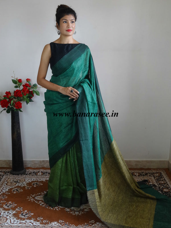 Banarasee Handloom Pure Linen Saree-Green
