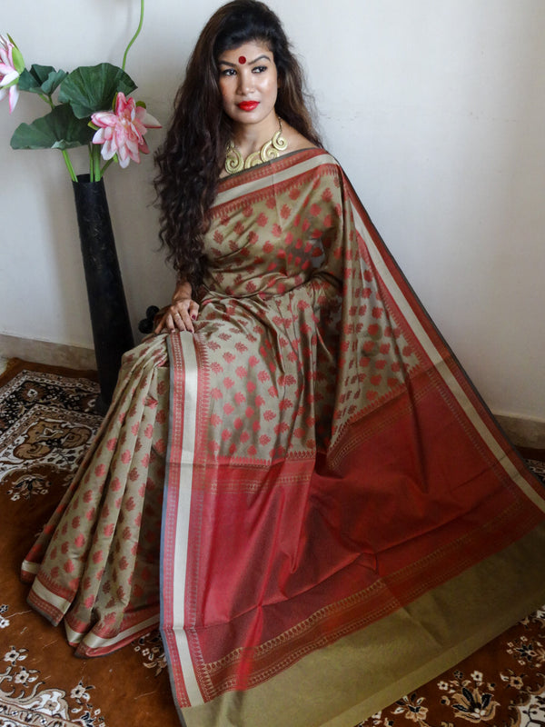 Banarasee/Banarasi Cotton Silk Red Booti Sari-Light Brown
