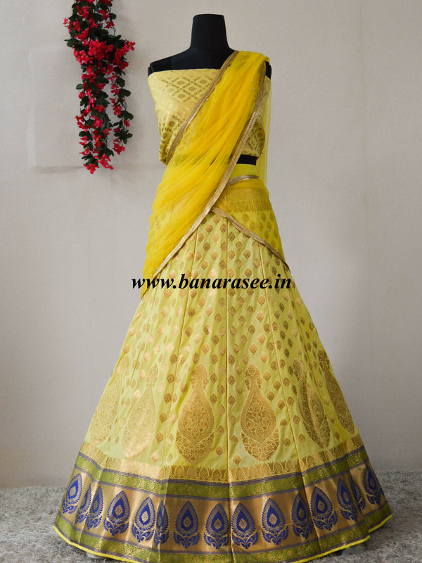 Banarasee Handwoven Art Silk Unstitched Lehenga & Blouse Fabric With Net Dupatta-Lemon Yellow