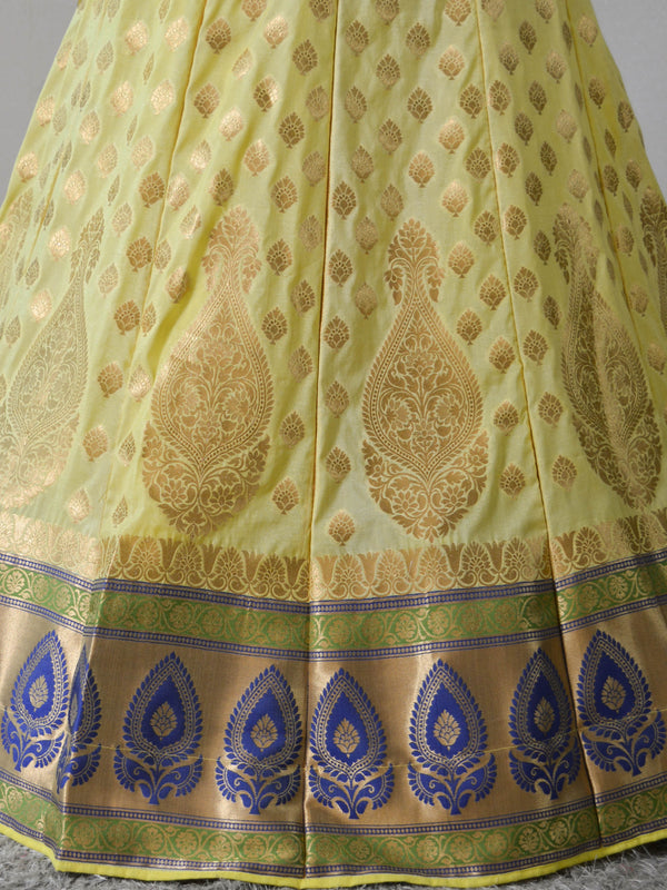 Banarasee Handwoven Art Silk Unstitched Lehenga & Blouse Fabric With Net Dupatta-Lemon Yellow