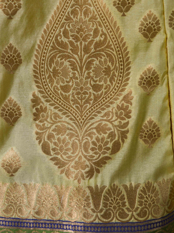 Banarasee Handwoven Art Silk Unstitched Lehenga & Blouse Fabric With Net Dupatta-Lemon Yellow