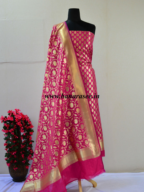 Banarasi Salwar Kameez Semi Katan Silk Zari Buta Work Fabric With Jaal Dupatta-Pink