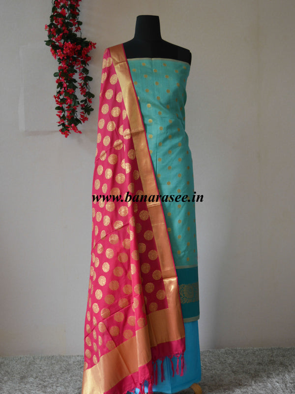 Banarasi Chanderi Cotton Salwar Kameez Fabric With Contrast Pink Art Silk Dupatta-Blue